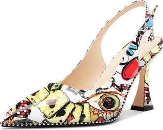 Castamere Womens Slingback Kitten Heel Close Pointed Toe Pumps Court Shoe Chunky Wedding Party Dress Shoes 9 CM Heels Poker Pattern 6.5 UK