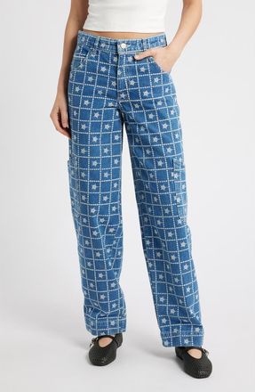 Damson Madder Embroidered Straight Leg Organic Cotton Jeans in Blue at Nordstrom, Size 4 Us