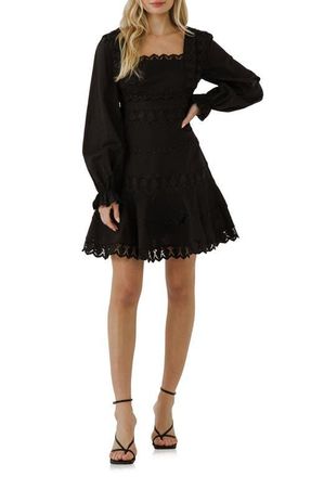 endless rose Lace Trim Long Sleeve Cotton & Linen Dress in Black at Nordstrom, Size Large