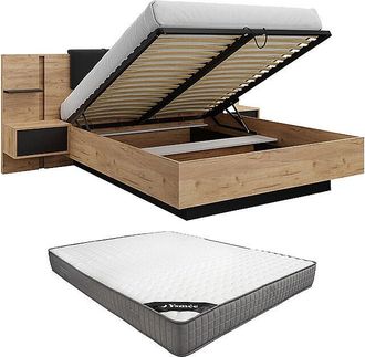 Vente-Unique Canap&eacute; abatible y mesitas de noche 160 x 200 cm - Con LEDs - Color: Natural y antracita + Colch&oacute;n - ELYNIA