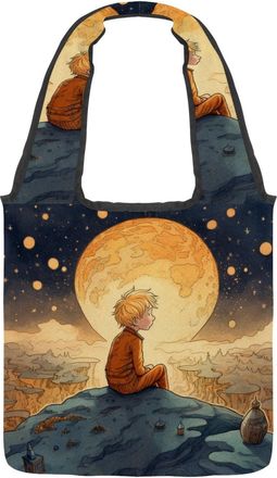 Generic Boy Earth Planet Reversible Canvas Shoulder Tote - Double-Sided Print, 12oz Cotton, 27cm Drop, Fold-Flat Bag for Travel, Shopping, Street Outings