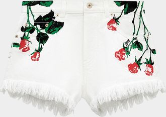 Loewe Flower-Print Fringed Peekaboo Denim Shorts