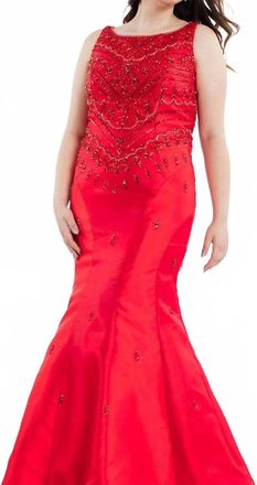 Rachel Allan Boatneck Beaded Mikado Mermaid Gown In Red