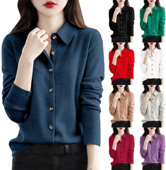 Generic Womens Knitted Jumpers, Ladies Polo Neck Jumpers - Casual Button Down Knitwear Pure Color Long Sleeve Cardigans Ultra Soft Lapel Collar Cardigan Ultra