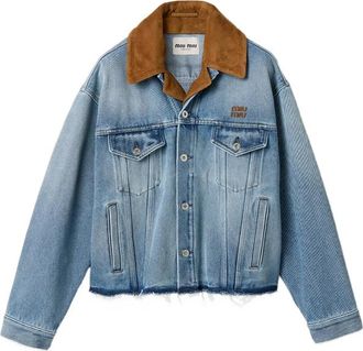 Miu Miu Leather-collar Raw-hem Denim Jacket