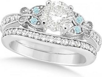 Allurez Round Diamond & Aquamarine Butterfly Bridal Set in 14k W Gold (0.96ct)