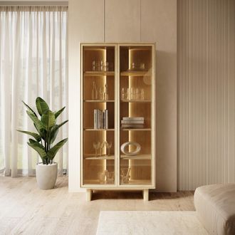 Dmora Vitrina Hasa, Mueble Expositor 4 Estantes, 2 Puertas, Con Led, 94x38x195h Cm Roble Marr&oacute;n