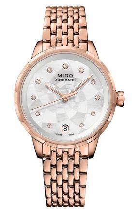 Mido Rainflower Diamond Automatic Bracelet Watch, 34mm in White Mother Of Pearl at Nordstrom