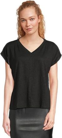 Eileen Fisher T-Shirts Women Black Organic Linen Cap Sleeve V-Neck JDM2556