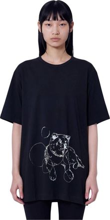Yohji Yamamoto Camiseta Mimi de Manga Corta Estampada de Algod&oacute;n - Tops - Mujer - Negro - M