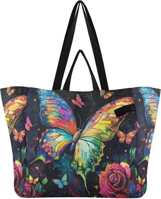 Generic Rose Butterfly Stars Black pattern Reusable Canvas Tote Bag, Heavy Duty Grocery Shopping Bag with Double Handles Large Capacity Hard Bottom Work Groce