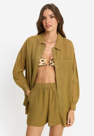 Lascana Langarmbluse LSCN BY LASCANA, Damen, Gr. 34, gr&uuml;n moss, Web, Obermaterial: 58% Viskose, 28% Baumwolle, 14% Leinen, unifarben, figurumspielend h&uuml;ftbede