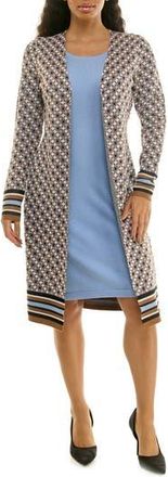 Nina Leonard Shift Dress & Jacquard Cardigan Set in Cinnamon Multi/light Blue at Nordstrom Rack, Size X-Large
