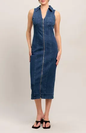Flying Tomato Sleeveless Denim Midi Dress in Medium Indigo at Nordstrom, Size Small