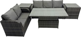 Fimous Fimous Rattan Garden Furniture Dining Set 5-seater Patio Height Adjustable Rising Lifting Table Sofa Set with 2 Side Table Dark Grey Mixed