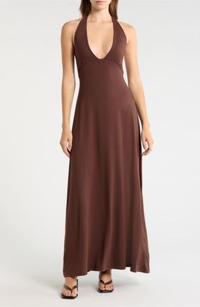 PacSun Alexa Plunge Halter Neck Midi Dress in Brown at Nordstrom, Size Xx-Small