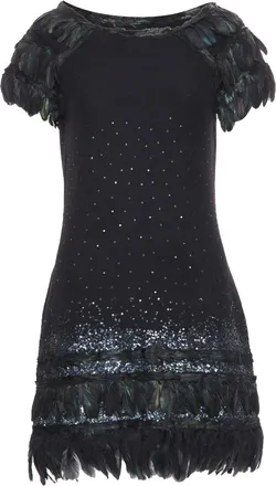 Diane Von F&uuml;rstenberg black wool iridescent sequin feather hem mini dress S