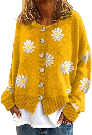 Generic Womens Knit Cardigans Sweaters Floral Print Long Sleeve Crew Neck Sweaters Button Down Ribbed Cuffs Knit Cropped Cardigan Fall Winter Cropped Cardigan