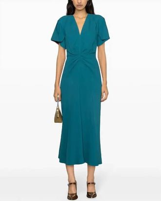 Victoria Beckham Gathered V Midi Dress In Petroleum