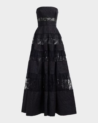 Elie Saab Strapless Floral Brocade Tiered Lace-Inset Gown