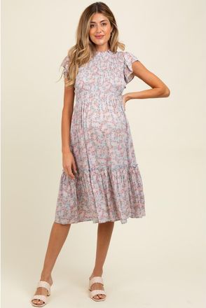 Pinkblush Floral Mock Neck Smocked Ruffe Sleeve Midi Dress in Light Blue at Nordstrom, Size Large