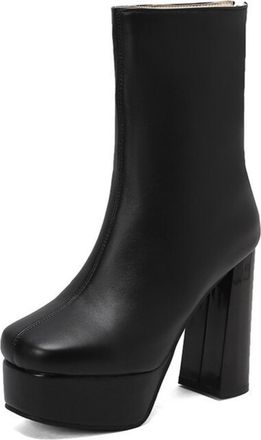 Generic Womens PU Leather Ankle Boots with Side Zipper Chunky High Heel Platform Boots Square Toe Casual Boot,Black,10.5 UK