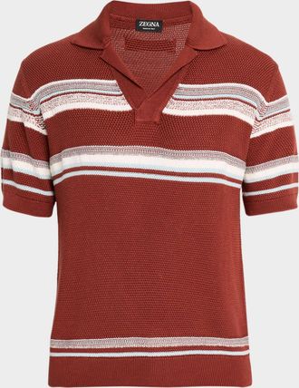 Ermenegildo Zegna Mens Cotton and Mulberry Silk Stripe Knit Polo Shirt