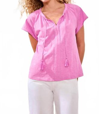Tribal Cotton Slub Split Neck Tassel Top In Wisteria