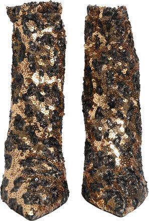 Dolce & Gabbana Womens Gold Leopard Sequin Sock Ankle Boots Shoes Elastane Nylon Polyester