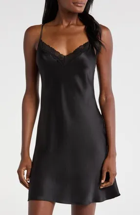 Etam Milky Lace Trim Silk Chemise in Black at Nordstrom, Size X-Large