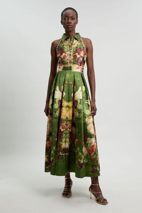 Karen Millen Womens Petite Floral Twill Collared Maxi Dress - Khaki - Size 10 UK