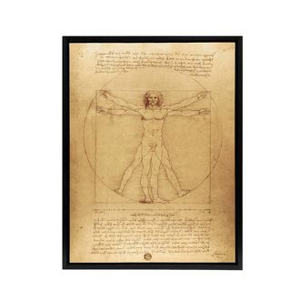 Artery8 Vitruvian Man Drawing da Vinci Vintage Black Framed Canvas Wall Art in Brown | Size: W24 x H32
