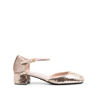 Prada Schoenen, Dames, Beige, 37 EU, Pailletten, Pailletten Geborduurde Hak Schoenen