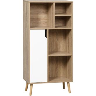 HOMCOM Mueble Aparador Alto Armario Auxiliar De Sal&oacute;n Con 5 Compartimentos Y 1 Puerta Multiusos Para Comedor Cocina Dormitorio 60x30x121 Cm Roble Y Blanco