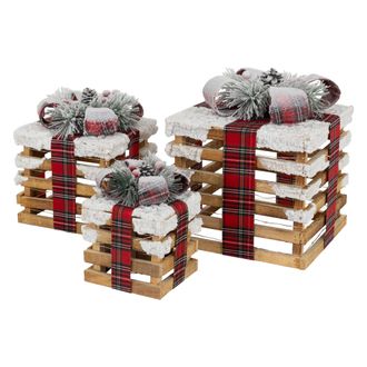 ECD Germany Ecd Germany - Set De 3 Cajas De Regalo Led Marr&oacute;n Madera Nevada Con Lazos Iluminaci&oacute;n Blanco C&aacute;lido Funcionamiento Mediante Pilas Funci&oacute;n Temporizador