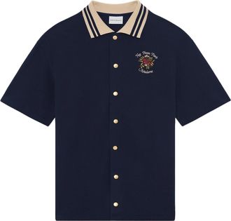 Dr&ocirc;le de Monsieur Short-Sleeved Navy Pique Shirt with Contrasting Beige Collar