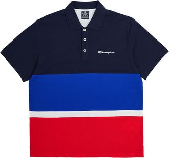 Champion Mens Legacy Retro Sport Polo-Color Block S/S Shirt, Navy Blue/Electric Blue/Red, L