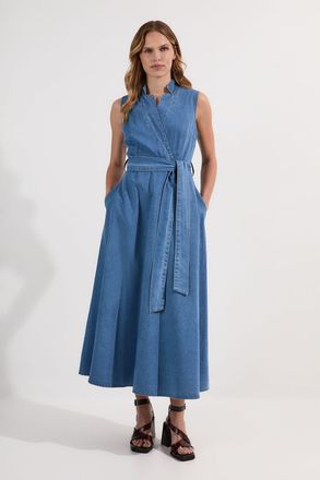 Karen Millen Womens Denim Tailored Notch Neck Belted Fluid Midi Dress - Blue Cotton - Size 10 UK