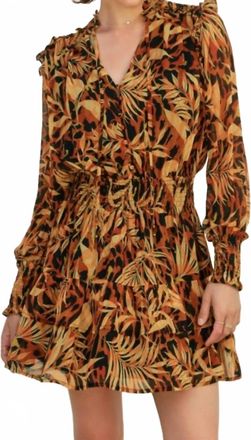 Dress Forum Palm Trees Shirred Waist Mini Dress In Orange/navy