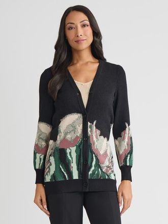 Misook Relaxed Floral Jacquard Knit Cardigan in Black, Floral at Nordstrom, Size Xx-Large