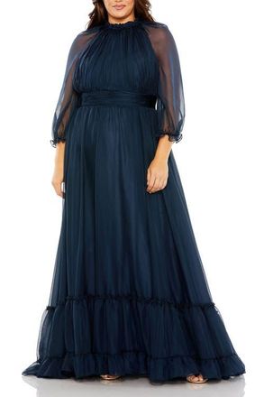 Mac Duggal Elegant Ruffled High Neck Gown with Sheer Sleeves and Pleated Cummerbund in Midnight at Nordstrom, Size 14W