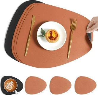 OEM Juego De 4 Piezas De Manteles Individuales Posavasos, Lavables, De Piel, Color Marr&oacute;n Blanco Roto (4 Manteles Individuales 4 Posavasos)