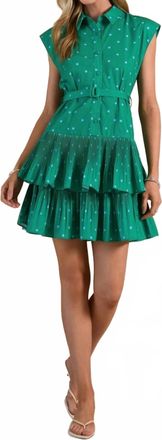 Current Air Polka Dot Printed Button Down Tiered Mini Dress In Green