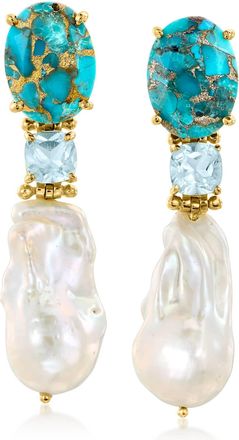 Ross-Simons 12-13mm Cultured Pearl and Sky Blue Topaz Drop Earrings With Turquoise in 18kt Gold Over Sterling