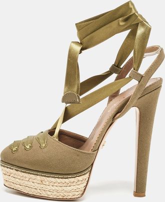 Le Silla Green Canvas Platform Ankle Tie Pumps