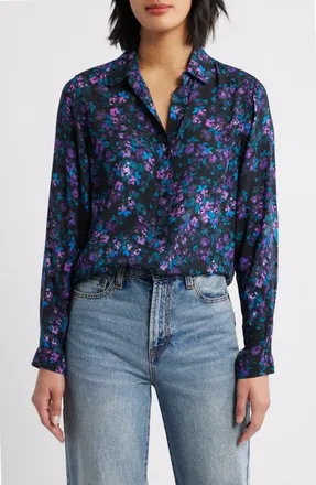 Cloth & Stone Floral Button-Up Shirt in Black/evening Emerald at Nordstrom, Size X-Small