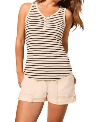 Tribal Striped Cotton Henley Tank Top In Cocoblack
