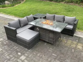 Fimous Rattan Gas Fire Pit Dining Table Sets Heater Lounge Big Footstool 7 Seater in Dark Grey