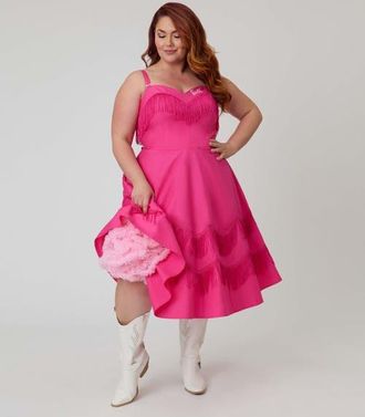 Unique Vintage Plus Size Fringe Swing Dress in Pink & Black W/Barbie Logo at Nordstrom, Size 3X