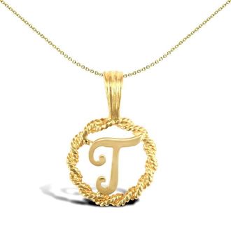 Jewelco London Solid 9ct Gold Rope Identity Initial Charm Pendant Letter T - JIN001-T
